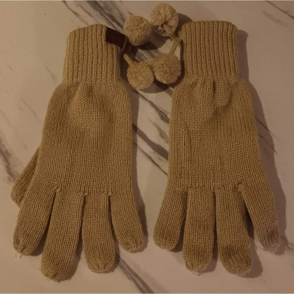 C.C Beige Knit Gloves with Pom-Poms